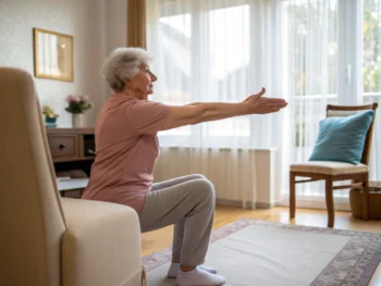 Un adulto mayor sentado en una silla cómoda, realizando ejercicios suaves en una sala iluminada por luz natural, promoviendo la actividad física adaptada a personas con movilidad reducida.