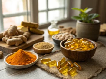 Colección de ingredientes naturales antiinflamatorios como cúrcuma, jengibre y cápsulas de aceite de pescado sobre una mesa rústica, iluminada por luz natural, dispuestos en un patrón simétrico.