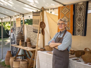 Un puesto de mercado de artesanías con un emprendedor senior presentando productos artesanales como textiles y cerámicas, bajo luz natural. La composición destaca la belleza de los productos con un fondo amplio y sin distracciones.