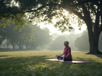 Persona mayor en pose de yoga en un parque, con luz de mañana que brilla a través de los árboles.