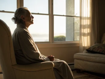Persona mayor practicando meditación en una habitación iluminada por la luz del sol, con una expresión de paz y relajación.