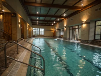 Piscina interior tranquila y clara, diseñada para hidroterapia, con barandillas suaves y luz ambiental cálida reflejada en el agua. Composición que sugiere calma y curación, sin personas en la imagen.
