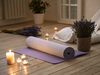 Un tapete de yoga iluminado tenuemente en un suelo de madera, rodeado de velas y una planta de lavanda, con una manta enrollada y un cojín, sugiriendo un espacio tranquilo para la práctica nocturna de yoga.