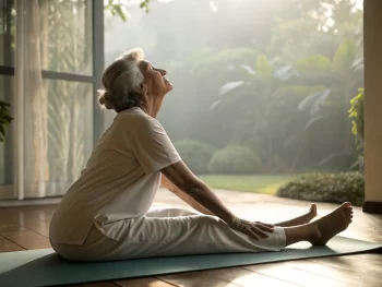 Persona mayor practicando yoga sentado en una colchoneta, con expresión tranquila en un ambiente iluminado por la luz natural donde se ve un jardín desenfocado.