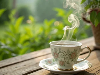 Taza de té herbal elegante sobre mesa de madera con vapor elevándose en luz de mañana y fondo de jardín verde.
