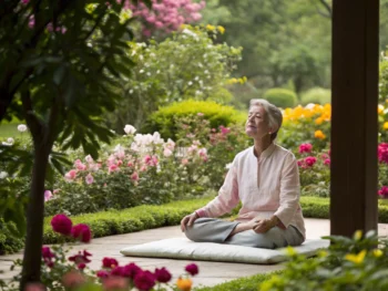 Una persona mayor meditando con los ojos cerrados en un jardín lleno de flores coloridas y vegetación densa, sentado en un cojín suave, emanando tranquilidad y paz.