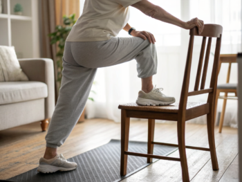 Plano cerrado del torso inferior de una persona mayor en equilibrio sobre una pierna junto a una silla de madera, mano apoyada, colchoneta antideslizante y zapatos de caminar al borde; fondo de sala desenfocado.