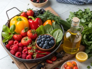 Arreglo de frutas y verduras antiinflamatorias en una mesa de cocina rústica, incluyendo bayas, espinacas, pimientos y una botella de aceite de oliva virgen extra, todo iluminado para resaltar su frescura y colores vibrantes.