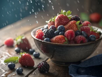 Tazón de frutas del bosque frescas, con fresas, arándanos y frambuesas, en una mesa de madera rústica, con gotas de rocío y un suave resplandor que resalta su frescura.