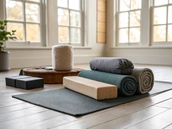 Esterilla de yoga con bloques, almohadones y manta en un ambiente hogareño sereno, con luz suave filtrándose a través de las ventanas.
