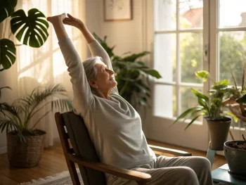 Persona mayor realizando estiramientos suaves en una sala de estar iluminada con luz natural, centrada en el estiramiento del cuello mientras está sentado en una silla. El ambiente es sereno con plantas alrededor, destacando la comodidad y tranquilidad del acto.