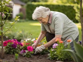 Persona mayor cuidando flores en un jardín bien cuidado, con manos arrugadas y rodeado de vegetación y coloridos pétalos, transmitiendo calma y satisfacción en la actividad de jardinería.