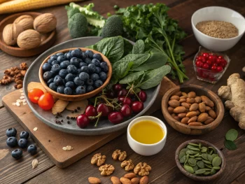 Mesa de madera rústica con variedad de alimentos antiinflamatorios, incluyendo arándanos, cerezas, espinacas, col rizada, almendras, nueces, cúrcuma y jengibre, además de un tazón de aceite de oliva dorado, iluminada con luz natural.