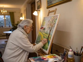 Persona mayor pintando en un ambiente suave y iluminado, rodeada de suministros artísticos, con una expresión de concentración, capturando la esencia de la terapia artística sin mostrar individuos identificables.