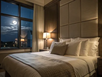 Dormitorio tranquilo con una cama cómoda, iluminada suavemente por la luz de la luna y decorada con almohadas y un edredón acogedor.