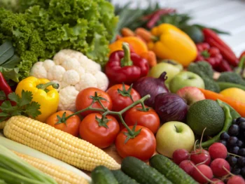 Colección simétrica de frutas y verduras frescas con colores vibrantes, simbolizando salud y vitalidad en una composición limpia y organizada.