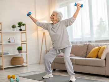 Anciano alegre haciendo ejercicios en casa, vestido con ropa de entrenamiento en una sala de estar iluminada por luz natural.