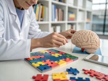 Investigador en bata de laboratorio ensamblando un rompecabezas en un laboratorio moderno, con un enfoque en las manos y las piezas del rompecabezas, rodeado de libros y modelos de cerebro.