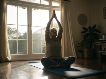 Persona mayor realizando ejercicios de yoga en una sala de estar iluminada por la luz natural, transmitiendo calma y vitalidad.