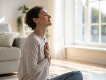 Persona practicando respiración profunda en un entorno minimalista y sereno, con luz natural y una postura relajada, transmitiendo calma.