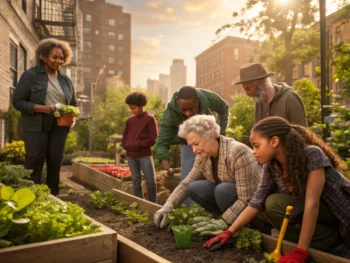 Grupo diverso de personas de diferentes edades trabajando juntas en un jardín comunitario urbano, en un entorno natural iluminado que resalta la conexión intergeneracional y la alegría del trabajo en equipo.