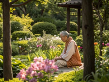 Persona mayor en un jardín frondoso, cuidando plantas, rodeado de flores coloridas y greenery. Expresión de paz y concentración en un entorno sereno con luz natural.