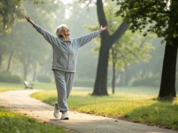 Anciano realizando una caminata ligera en un parque, con luz natural, en un entorno sereno que refleja alegría y vitalidad.