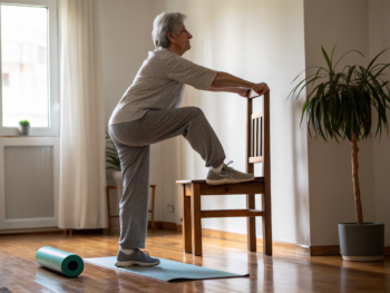 Adulto mayor genérico haciendo equilibrio a una pierna, sujetándose al respaldo de una silla de madera; pie libre a pocos centímetros del suelo, ropa de ejercicio cómoda y zapatos planos, sala iluminada con suelo de madera, esterilla enrollada y planta desenfocada, enfoque nítido en la figura y texturas, sin rasgos identificables.
