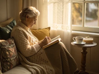 Anciano relajado en un rincón soleado, disfrutando de la lectura o el tejido, simbolizando la importancia del apoyo emocional en la vida de las personas mayores.