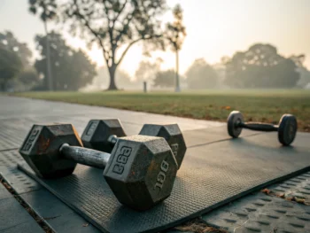 Primer plano de mancuernas desgastadas sobre un tapete de gimnasio al aire libre, con fondo de árboles desenfocados en un parque, simbolizando la salud y la vitalidad en la tercera edad.