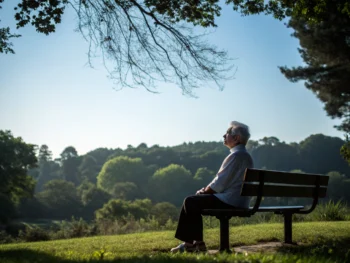 Una persona mayor en un parque practicando ejercicios de respiración, rodeada de verde vegetación en un ambiente tranquilo y relajante.