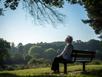 Una persona mayor en un parque practicando ejercicios de respiración, rodeada de verde vegetación en un ambiente tranquilo y relajante.