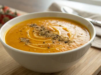 Tazón de sopa cremosa de calabaza y zanahoria decorado con nuez moscada y aceite de oliva, en una cocina acogedora con luz suave y fondo de madera.