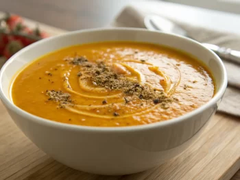 Tazón de sopa cremosa de calabaza y zanahoria decorado con nuez moscada y aceite de oliva, en una cocina acogedora con luz suave y fondo de madera.