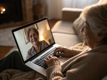 Anciano usando un laptop en casa para videollamada, con luz suave realzando su rostro y manos en un entorno acogedor.