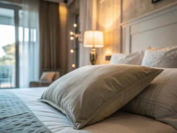 Primer plano de una almohada suave en una cama ordenada en un dormitorio sereno, con iluminación tenue y colores suaves.