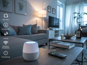 Sala de estar moderna con dispositivos de hogar inteligente, incluyendo un altavoz activado por voz y sistemas de iluminación, en un entorno seguro y acogedor para personas mayores.