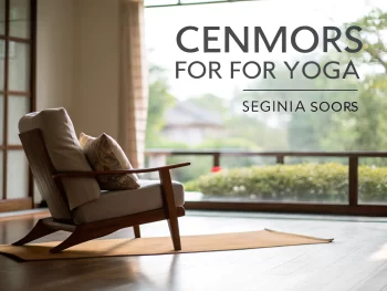 Configuración de yoga serena para personas mayores, mostrando una silla cómoda con cojines suaves junto a una ventana luminosa, con un fondo de vegetación desenfocada.