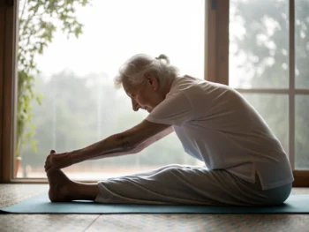Persona mayor practicando yoga en un ambiente sereno, realizando una flexión hacia adelante sentada, con luz natural suave filtrándose a través de una ventana. La imagen muestra un enfoque en la tranquilidad y la relajación, con un entorno despejado y simple.