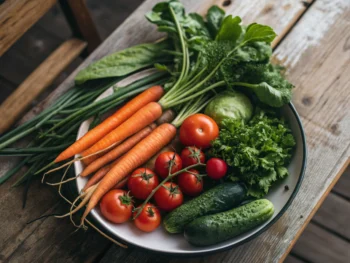 Plato de vegetales orgánicos coloridos en una mesa de madera rústica, incluyendo zanahorias, tomates, hojas verdes y pepinos, con una iluminación suave que resalta su frescura.