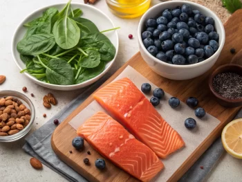 Una variedad de alimentos antiinflamatorios frescos, incluyendo arándanos, espinacas y salmón, exhibidos en una encimera de cocina rústica con colores vivos y una composición descentrada.
