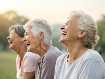 Grupo de ancianos practicando yoga de la risa en un parque, con expresiones de felicidad, iluminación suave y tonos difusos, destacando la conexión emocional entre ellos.