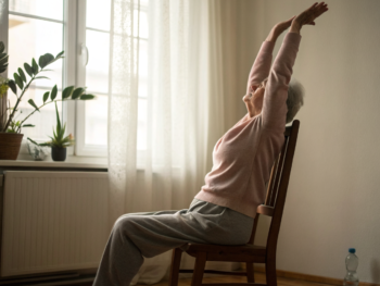 Persona mayor sentada en silla de madera realizando un estiramiento con los brazos elevados, torso alargado y espalda recta; rostro no identificable, suéter de punto, manos con arrugas y venas visibles; luz difusa desde una ventana, fondo de sala desenfocado con planta y botella de agua.