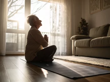 Anciano practicando yoga en un ambiente sereno con luz natural, mostrando calma y concentración en su práctica.