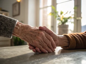 Primer plano de manos de ancianos entrelazadas, iluminadas suavemente por luz natural en un entorno hogareño, simbolizando la agilidad y la salud de la vejez.