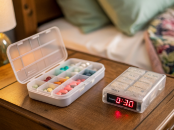 App gestión medicamentos personas mayores y recordatorio Plano extremo de un organizador de pastillas con compartimentos translúcidos abiertos mostrando pastillas coloridas, un LED de alarma encendido, pantalla digital con la hora y una mano de persona mayor alcanzando un compartimento; fondo interior desenfocado sobre una mesa de noche de madera.