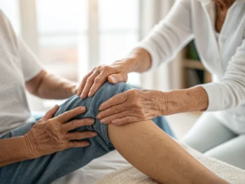 Manos de anciano masajeando suavemente una rodilla en un ambiente tranquilo y bien iluminado, simbolizando el autocuidado.