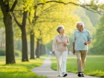 Pareja de ancianos paseando en un parque luminoso y verde, mostrando expresiones de felicidad y bienestar, en un entorno natural y acogedor.