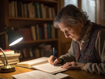 Persona mayor escribiendo en un cuaderno en un escritorio acogedor, rodeado de libros en una habitación cálidamente iluminada.