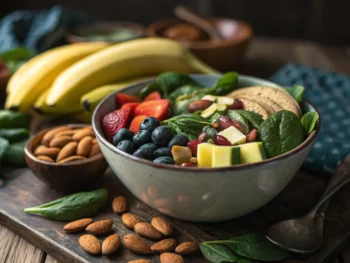 Cuenco con frutas y verduras coloridas sobre una mesa de madera rústica, iluminado de forma vívida.